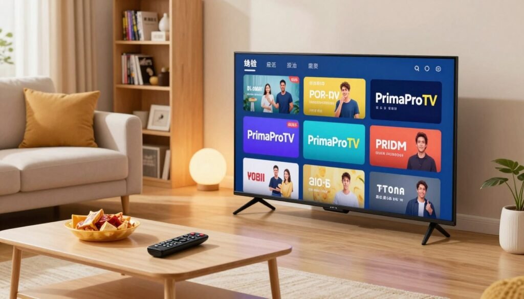 A cozy living room scene showcasing a modern, low-cost internet TV streaming setup. In the foreground, a sleek, flat-screen television displays a vibrant range of streaming channels, prominently featuring the logo of "PrimaProTV". The middle ground includes a comfortable sofa with a stylish coffee table adorned with snacks and a remote control. In the background, there are soft, warm lights casting a welcoming glow, with a bookshelf filled with DVDs and books, reinforcing the homey atmosphere. The angle is slightly elevated, capturing the inviting layout. Bright, cheerful colors evoke a sense of fun and accessibility. Overall, the image conveys a feeling of relaxation and affordability, perfect for budget-conscious viewers in the United States. A cozy living room scene showcasing a modern, low-cost internet TV streaming setup. In the foreground, a sleek, flat-screen television displays a vibrant range of streaming channels, prominently featuring the logo of "PrimaProTV". The middle ground includes a comfortable sofa with a stylish coffee table adorned with snacks and a remote control. In the background, there are soft, warm lights casting a welcoming glow, with a bookshelf filled with DVDs and books, reinforcing the homey atmosphere. The angle is slightly elevated, capturing the inviting layout. Bright, cheerful colors evoke a sense of fun and accessibility. Overall, the image conveys a feeling of relaxation and affordability, perfect for budget-conscious viewers in the United States.