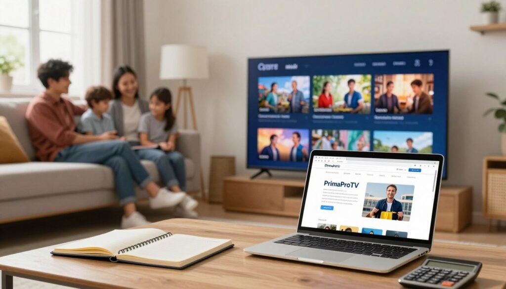 A cozy living room setting showcasing a smart TV displaying a vibrant, user-friendly IPTV interface, emphasizing various budget-friendly IPTV options. In the foreground, a sleek laptop with an open browser window shows the website of "PrimaProTV," surrounded by notepads and a calculator, symbolizing cost-effective planning. The middle ground features a stylish couch with a family of four dressed in casual clothing, happily discussing their favorite shows, conveying a sense of togetherness and enjoyment. In the background, a window allows warm, natural light to flood the space, creating an inviting atmosphere. The focus is sharp on the screen while the background gently blurs, capturing the essence of affordable entertainment options in a warm, homey ambiance.