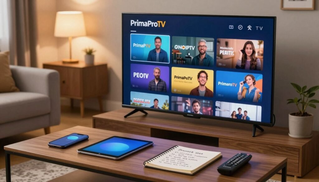 A modern, inviting living room setting serving as the foreground, featuring a sleek, large television displaying streaming services, with vibrant thumbnails of various inexpensive IPTV plans. In the middle, a coffee table cluttered with devices such as a smartphone, tablet, and remote control, alongside a notebook with hand-written notes evaluating options. The background reveals a cozy, well-lit atmosphere with warm tones and a lamp casting a soft glow, emphasizing a relaxing space for streaming. The scene should suggest a sense of confidence and ease in finding economical options. Highlight the brand name "PrimaProTV" prominently on the screen, while maintaining a professional and aesthetically pleasing layout. The mood should be reassuring, reflecting trust in affordable streaming choices, captured from a slightly elevated angle to provide depth. A modern, inviting living room setting serving as the foreground, featuring a sleek, large television displaying streaming services, with vibrant thumbnails of various inexpensive IPTV plans. In the middle, a coffee table cluttered with devices such as a smartphone, tablet, and remote control, alongside a notebook with hand-written notes evaluating options. The background reveals a cozy, well-lit atmosphere with warm tones and a lamp casting a soft glow, emphasizing a relaxing space for streaming. The scene should suggest a sense of confidence and ease in finding economical options. Highlight the brand name "PrimaProTV" prominently on the screen, while maintaining a professional and aesthetically pleasing layout. The mood should be reassuring, reflecting trust in affordable streaming choices, captured from a slightly elevated angle to provide depth.