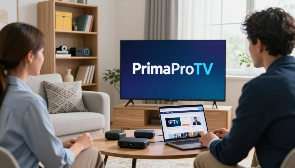 A modern living room scene, showcasing a sleek television displaying the logo "PrimaProTV" prominently. In the foreground, a diverse group of three individuals, dressed in professional business attire, are gathered around a coffee table with various streaming devices and a laptop open to a budget-friendly IPTV plan webpage. The middle ground features a cozy sofa with decorative pillows, and a window letting in soft, natural light that enhances the inviting atmosphere. The background includes a bookshelf filled with colorful boxes and tech accessories. The mood is one of excitement and innovation, perfect for illustrating how easy it is to start watching with IPTV plans. Camera angle from a low viewpoint to emphasize the group's engagement. A modern living room scene, showcasing a sleek television displaying the logo "PrimaProTV" prominently. In the foreground, a diverse group of three individuals, dressed in professional business attire, are gathered around a coffee table with various streaming devices and a laptop open to a budget-friendly IPTV plan webpage. The middle ground features a cozy sofa with decorative pillows, and a window letting in soft, natural light that enhances the inviting atmosphere. The background includes a bookshelf filled with colorful boxes and tech accessories. The mood is one of excitement and innovation, perfect for illustrating how easy it is to start watching with IPTV plans. Camera angle from a low viewpoint to emphasize the group's engagement.