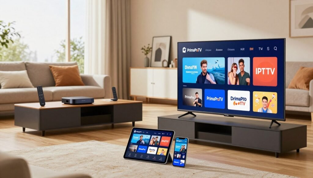 A modern living room scene showcasing diverse devices compatible with economical IPTV packages, specifically highlighting PrimaProTV. In the foreground, a sleek smart TV displays vibrant streaming options, while next to it, a tablet and a smartphone show the same content for easy access. The middle ground features a stylish media console with a streaming device, remote controls, and a cozy couch with a few pillows for comfort. In the background, large windows allow natural light to spill in, creating a warm and inviting atmosphere. The overall setting exudes a sense of convenience and affordability, with soft lighting enhancing a relaxed mood, inviting viewers to explore economical entertainment options.